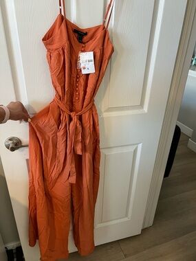 Forever 21 Rust Orange Spaghetti-Strap Maxi Jumpsuit with Button Front